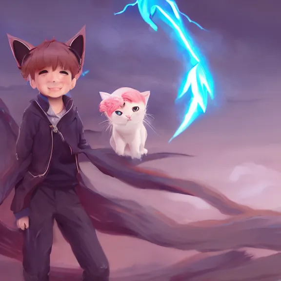 Prompt: boy with cat ears and tail, full body, blushing, happy, short smile, hair covering eyes, cinematic lightning, mid-shot, highly detailed, trending on Artstation, Unreal Engine 4k, cinematic wallpaper by Stanley Artgerm Lau, WLOP, Rossdraws, James Jean, Andrei Riabovitchev, Marc Simonetti, and Sakimichan