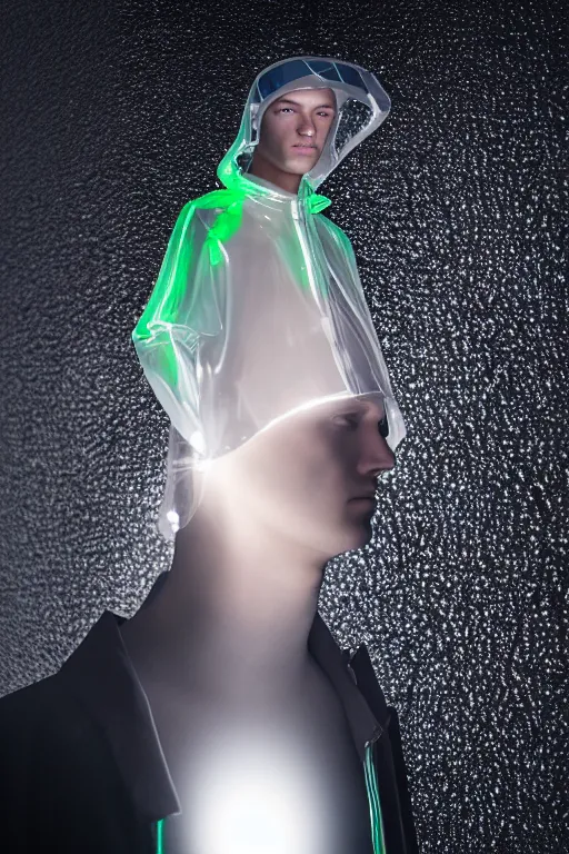 Image similar to an ultra high definition professional high fashion portrait studio full length photograph of a male model wearing a transparent pearlescent raincoat and neon visor in an icelandic black rock environment at dawn. no artefacts. extremely detailed. stark. refraction. shallow depth of field. volumetric light and shadow. ray tracing. light rays.