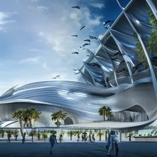 Prompt: shark museum architectural design by zaha hadid located on vegas strip with architectural waterfall highly detailed 4 k octane render highly detailed wide cinematic shot concept art