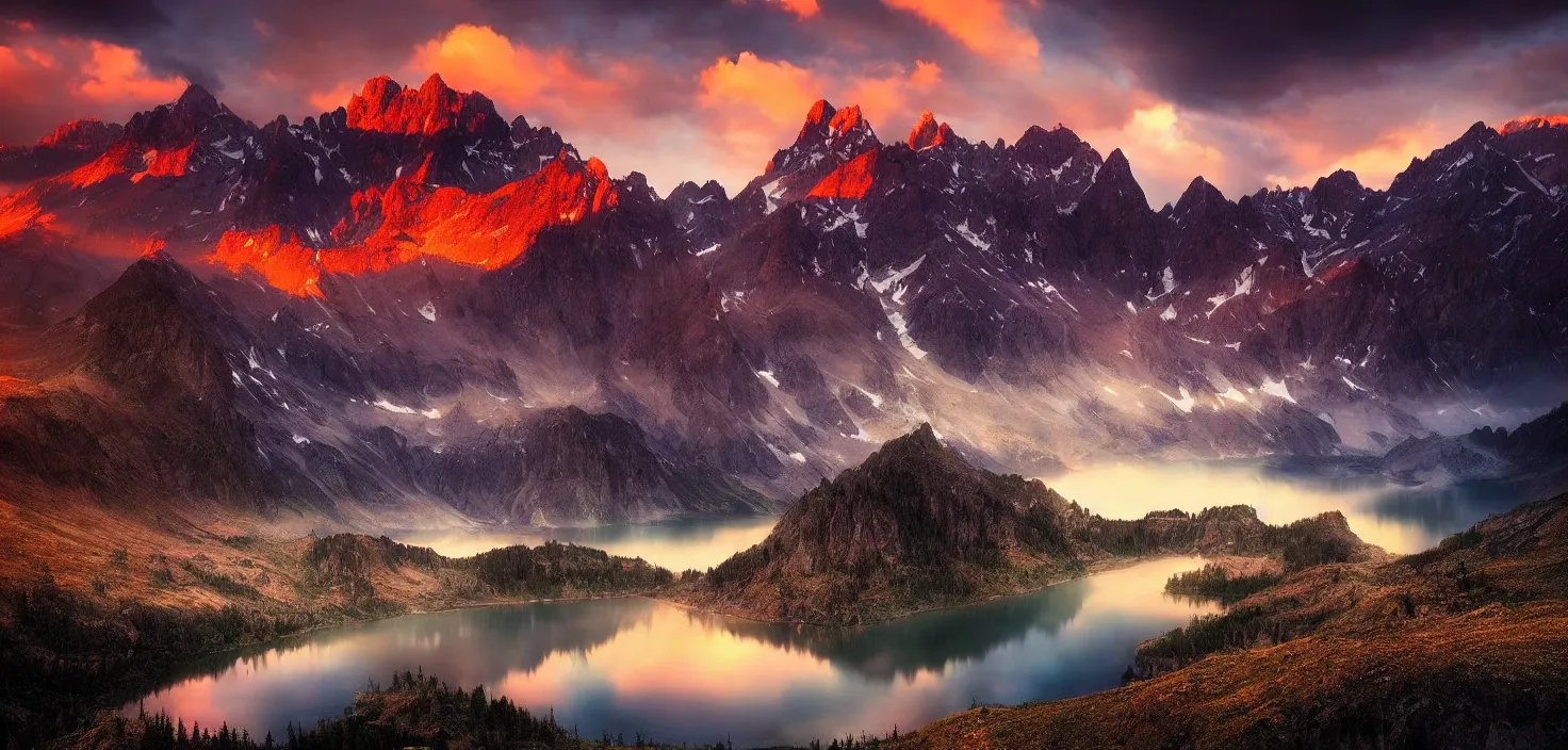 Image similar to amazing landscape photo of mountains with lake in sunset by marc adamus, beautiful dramatic lighting