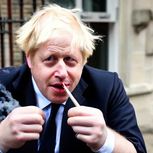 Image similar to medium shot photo of Boris Johnson with a joint with smoke coming out, 4k, ultra HD