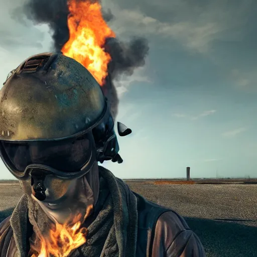 Image similar to post apocalyptic, biker with helmet in front of crashed airplane burning, photorealistic, highly detailed