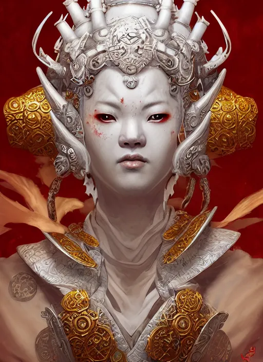 Image similar to subsurface scattering, white, koi, female samurai deity with filigree fantasy armor, by jesper ejsing, james jean, justin gerard, tomasz alen kopera, cgsociety and fenghua zhong, highly detailed, rim light, cinematic lighting, illustration, art, octane render, very coherent, cinematic, hyper realism, high detail, 8 k