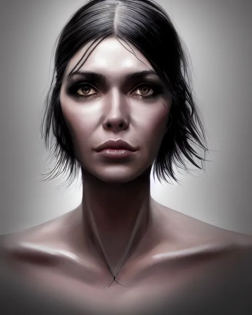 Image similar to portrait of a tall 4 0 - year - old woman with thin lips, heavy - lidded eyes, a strong jaw and long, thick shining black hair, thick eyebrows and long eyelashes, wearing in black clothes, hyper realistic face, beautiful eyes, character art, art by mark brooks, hyperdetailed, cryengine, trending on artstation, digital art