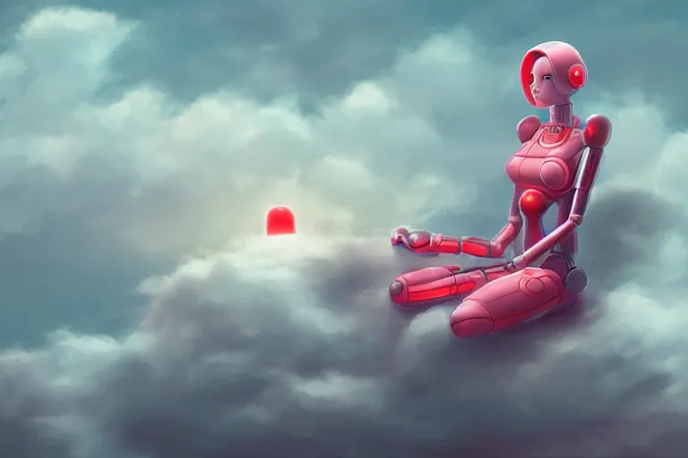 Image similar to a cute robot girl sitting on a cloud relaxing, red lighting, mist, digital art,