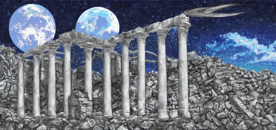 Image similar to The ruins of the Silver Millennium on the moon from Sailor Moon, digital painting, Earth in the distance, Greek-esque columns and ruins