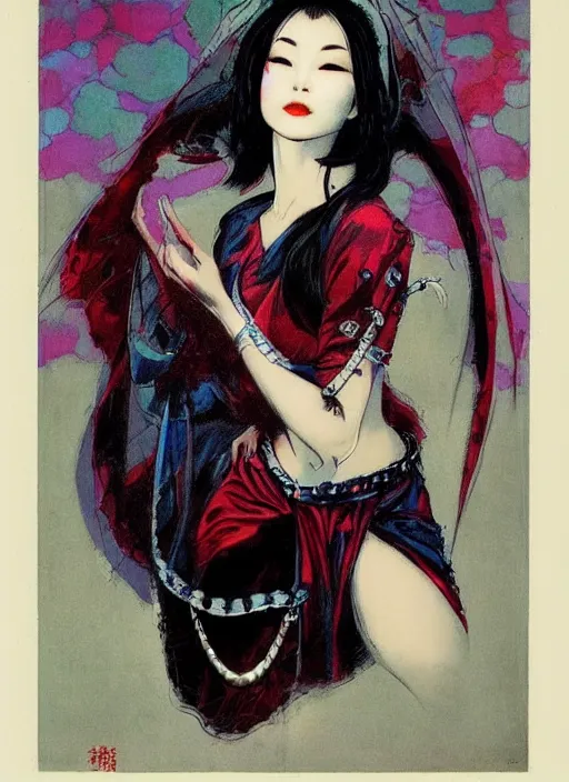 Image similar to portrait of mighty korean vampiress, jeweled veil, strong line, saturated color, beautiful! coherent! by frank frazetta, high contrast, minimalism