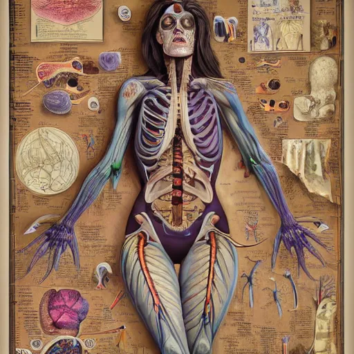 Prompt: cosplay girl, highly detailed labeled medical anatomy poster, anatomical drawing on poster paper with notes, extra beautiful colorful full page antique lithograph of artnouveau borders and designs, muted colors, parchment paper, art print, well - lit, ray tracing, horror, eldritch abomination, hyper realistic, 8 k post - processing