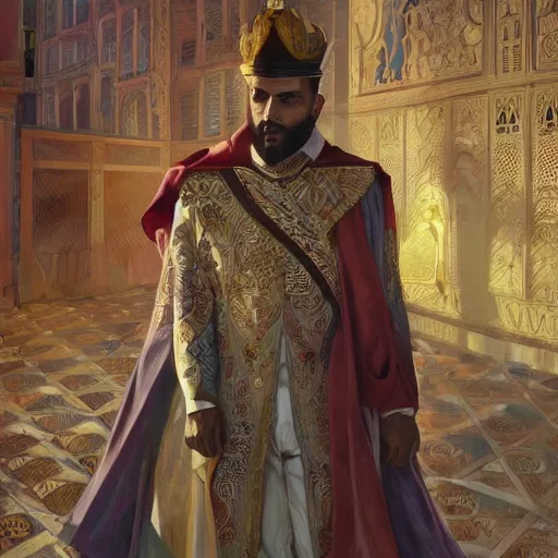 Prompt: clear portrait of king of morocco having a rap battle, cottagecore!!, detroit hood background hyper detailed, character concept, full body, dynamic pose, elegant, intricate, highly detailed, digital painting, artstation, concept art, smooth, sharp focus, illustration, art by artgerm and greg rutkowski and alphonse mucha