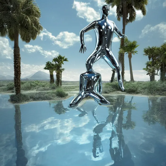 Image similar to hyperrealistic geometric objects in a surreal minimalistic 8 0's dreamscape environment by salvador dali, enormous chrome man, highly detailed, 3 d render, octane, beautiful lighting, photorealistic, intricate, elegant, wayne barlowe, water, mirrors, doorway, beautiful, masterpiece, trending on artstation, artgerm, checkered floor, palm tree