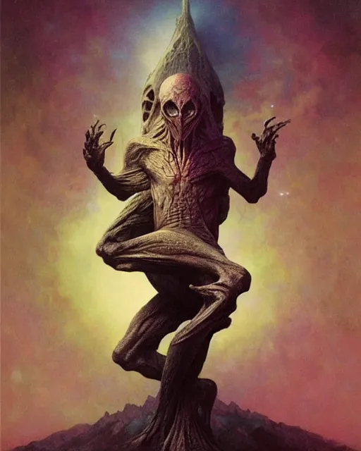 Image similar to the creature at the end of the universe, painted by zdzislaw beksinski and artgerm and greg rutkowski and alphonse mucha