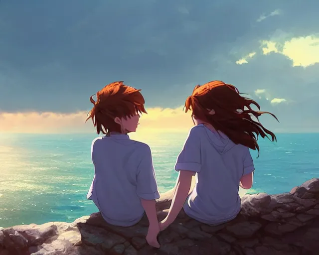 Image similar to a boy with brown hair and a girl with auburn hair sitting together on a cliff overlooking the ocean. Blue sea,, cliffside, sunset, atmospheric lighting, romantic, girl has long auburn hair. By Makoto Shinkai, Stanley Artgerm Lau, WLOP, Rossdraws, James Jean, Andrei Riabovitchev, Marc Simonetti, krenz cushart, Sakimichan, D&D trending on ArtStation, digital art.