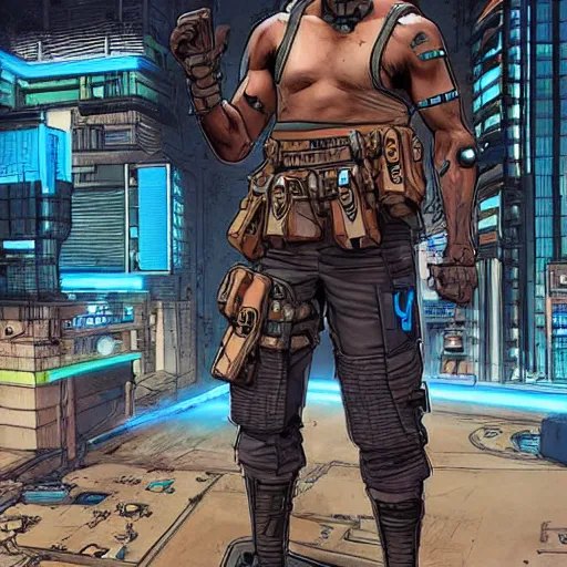 Image similar to Apex legends cyberpunk fitness dude. Concept art by James Gurney and Mœbius.