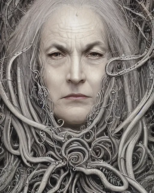 Prompt: centered beautiful detailed side view profile portrait of a insane, crazed, mad old woman with long grey hair, ornate tentacles growing around, ornamentation, thorns, vines, tentacles, elegant, beautifully soft lit, full frame, by wayne barlowe, peter mohrbacher, kelly mckernan, h r giger