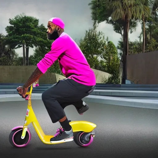 Prompt: paparazzi photo of Lebron James on a pink scooter in a skatepark, ultra high definition, professional photography, dynamic shot, smiling, high angle view, portrait, Cinematic focus, Polaroid photo, vintage, neutral colors, soft lights, foggy, by Steve Hanks, by Serov Valentin, by lisa yuskavage, by Andrei Tarkovsky 8k render, detailed, oil on canvas