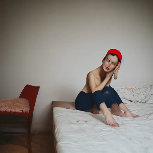Prompt: A photo of a woman posing in her bedroom by Marat Safin