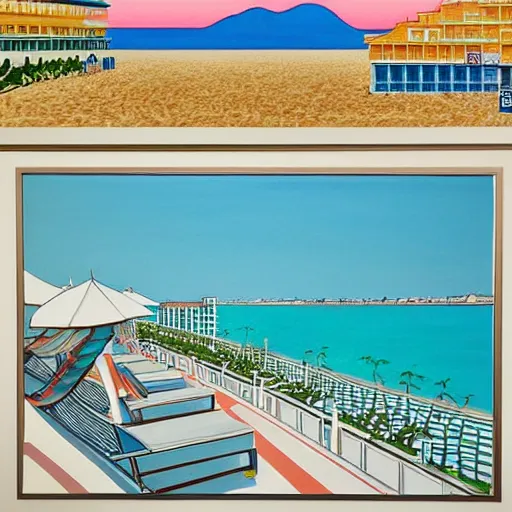 Image similar to a beautiful painting of a sunny day overlooking the beach from a hotel balcony by hiroshi nagai and hirohiko araki, detailed line art