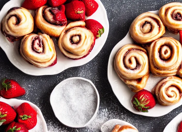 Image similar to sugary hot cinnamon rolls with extra glaze, strawberries, sprinkles, and coins, professional food photography, studio lighting, plating