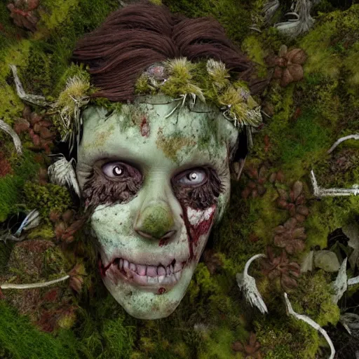 Image similar to a zombie made of driftwood, moss and flowers in New York, cinematic, photo realistic, concept art, well detailed, 8k,