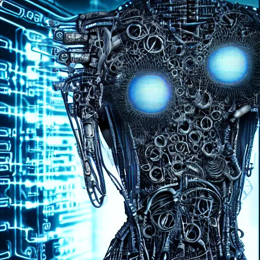 Prompt: portrait photo of a biomechanical torso of a cyborg plugged into a quantum computer with cables and wires and optic fibers. cyberpunk horror style. art by luis royo. highly detailed 8 k. intricate. nikon d 8 5 0 5 5 mm.