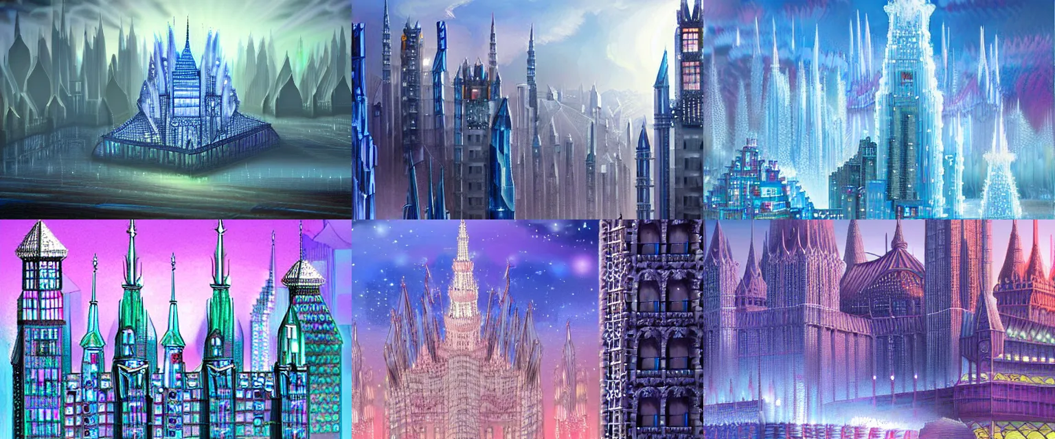 Prompt: city made of crystal spires, award-winning digital 2D fantasy painting