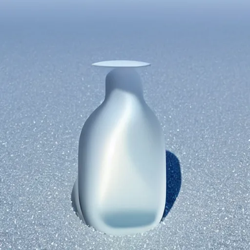 Prompt: perfume bottle buried in white glitter on a zen clean modern minimalist beach with an ocean view, frozen and covered in ice, by peter tarka in an ivory room well contoured smooth fair walls, zaha hadid octane highly render, 4 k, ultra hd,