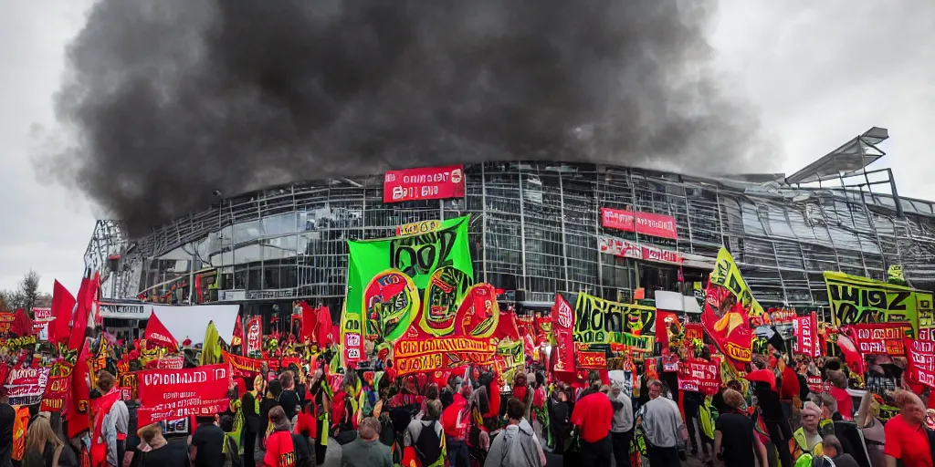 Image similar to # glazersout protests outside old trafford theatre of dreams against the glazers, # glazersout, chaos, protest, banners, placards, burning, pure evil, 8 k, by stephen king, wide angle lens, 1 6 - 3 5 mm, symmetry, cinematic lighting