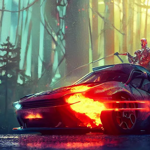 Prompt: cyberpunk car on fire in the middle of the woods stylized artgerm artstation hd cgsociety cgi realistic dramatic cinematic artistic trending detailed