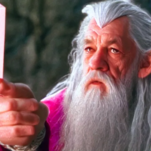 Prompt: portrait of gandalf, wearing a pink ribbon tied into his hair, holding a blank playing card up to the camera, movie still from the lord of the rings