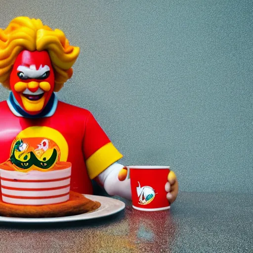 Image similar to Ronald Mcdonald with a birthday cake wearing a miami dolphins jersey, concept art, cgsociety, octane render, trending on artstation, unreal engine 8k,