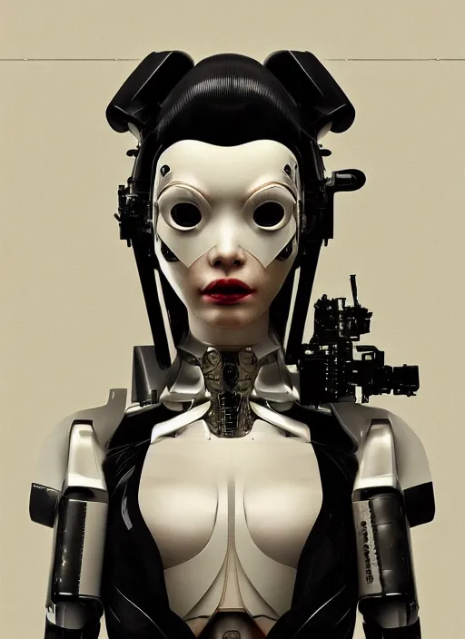 Image similar to close up portrait of a futuristic geisha cyborg, in the style of ghost in the shell, kintsugi, trending on artstation, modern fine art, fractal, intricate, elegant, highly detailed, digital photography, richard avedon and greg rutkowski,