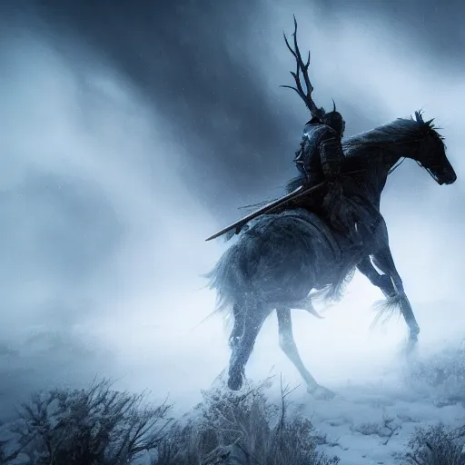 Image similar to the wild hunt, otherworldly spectres riding in the sky, wraiths of morhogg, bad omen, enchanted forest, blizzard storm, fog, full moon, snowy environment, in the style of the witcher series, hyperrealism, atmospheric, cinematic, breathtaking, award winning, groundbreaking, octane render, unreal 5, intricate digital art, sharp focus, 8 k high resolution