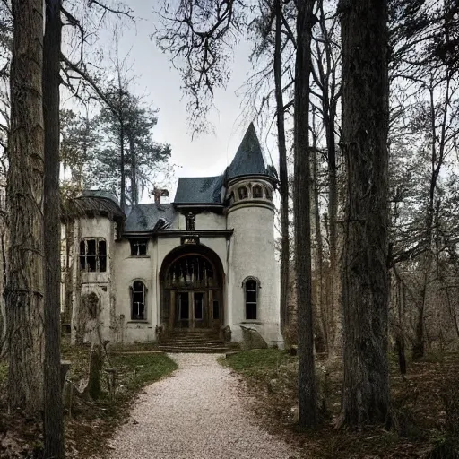 Prompt: a spooky gothic mansion in the woods with mountains in the back, a trail leads to the doors. amy weber, andi rusu, Dan Frazier