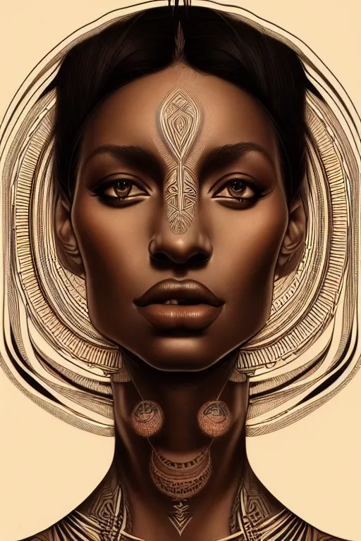 Image similar to symmetrical body portrait of beautiful nubian tribal tattooed young woman, intricate, elegant, highly detailed, digital painting, artstation, concept art, smooth, sharp focus, illustration, art by artgerm and greg rutkowski and alphonse mucha, 8 k