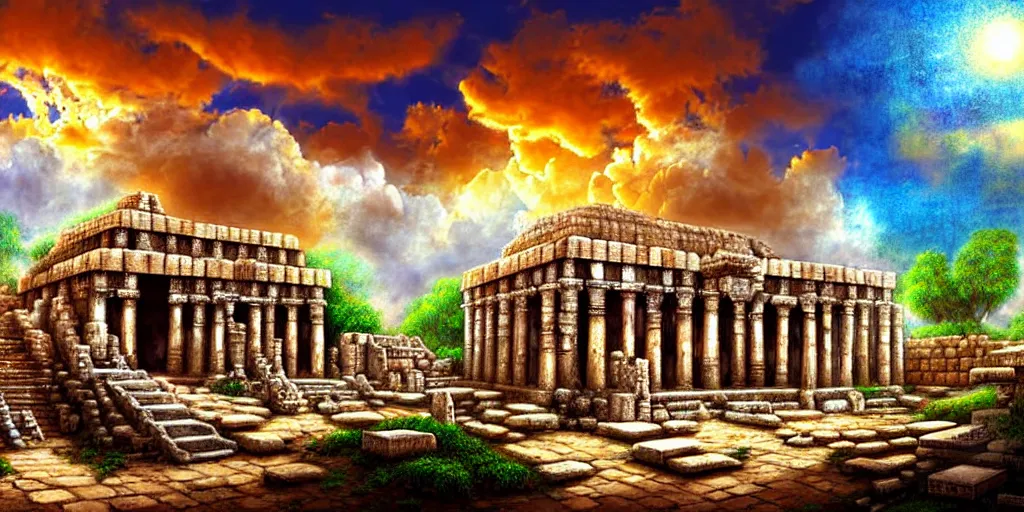 Image similar to illusion painting hidden temple in the clouds : an adorable small fox in the huge ruins of the second temple in jerusalem. a new temple hovers quietly hiding in the dreamy clouds above. a hooded bearded old man in a brown tunic laughing, colorful 8 k, art station, intricate superb details, digital art, illusion painting hidden image.