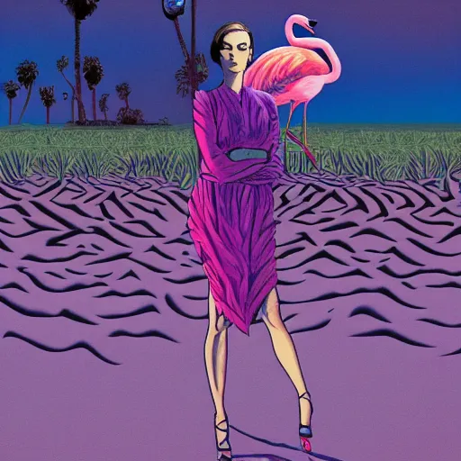 Image similar to A surreal comic noir illustration containing Natalie Portman and Flamingos on a desert beach oasis by Salvador Dali, dark vibes, high contrast, pastel lighting, cinematic, depth of field, 8k