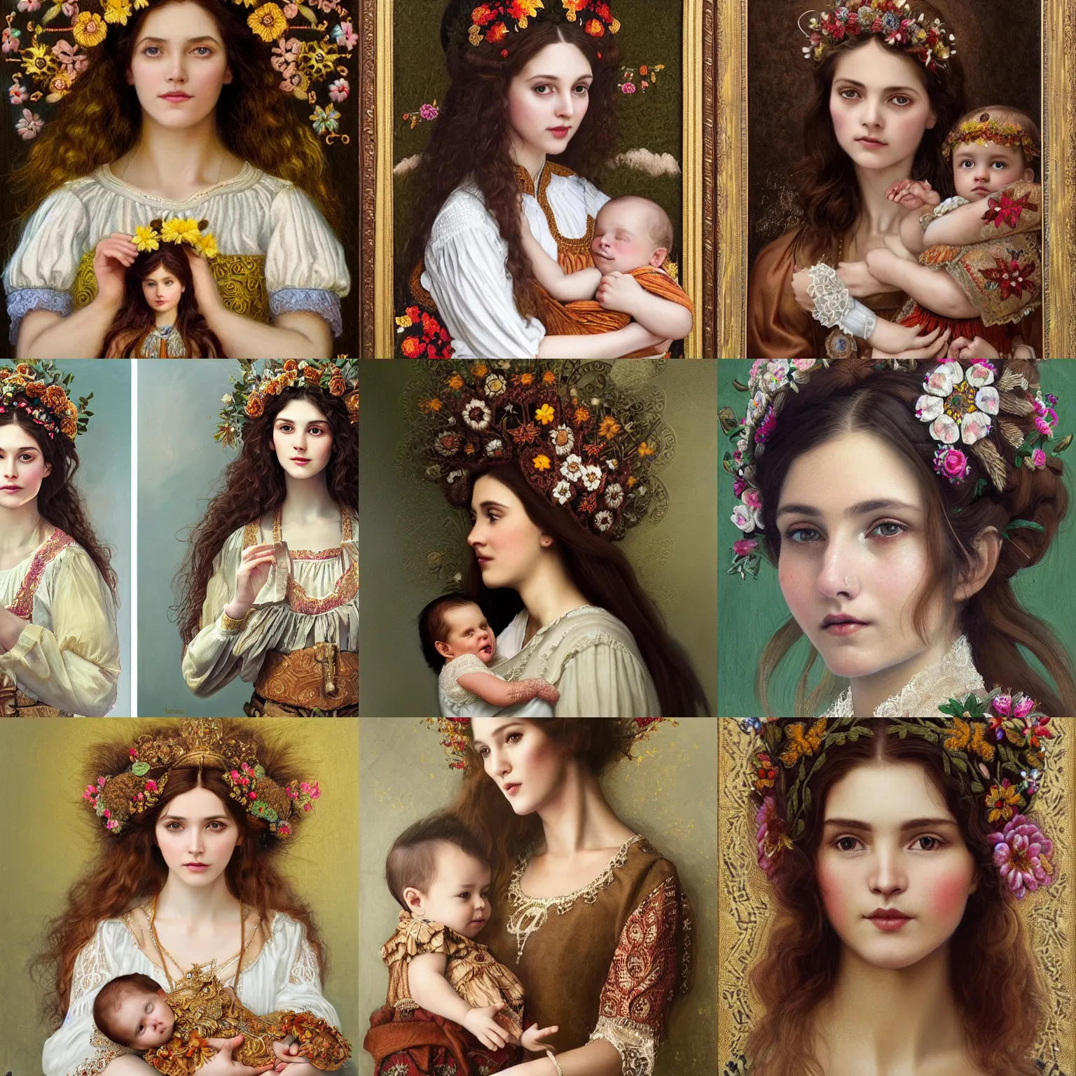 Image similar to brown haired lady with little baby in her hands, embroidered shirt, ukrainian national costume, filigree crown with textile embroidery flowers, ukrainian madonna, pre - raphaelite beautiful, playful smile, detailed portrait, intricate complexity, acryl painting, charlie bowater, tom bagshaw, alexis franklin, elena masci, pawel rebisz