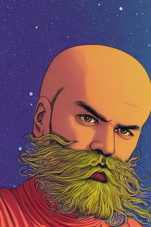 Image similar to a colorful psychedelic closeup portrait of a young bald man with a very long wild beard dreaming psychedelic hallucinations in the vast icy landscape of antarctica, by kawase hasui, moebius and edward hopper, colorful flat surreal design, hd, 8 k, artstation