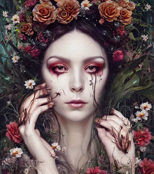 Image similar to portrait of the supreme queen of the dark cult, surrounded overgrowth and flowers 🍂 by karol bak, WLOP, James Jean, tom bagshaw, rococo, trending on artstation, fantasy magic fashion girl portrait, glossy eyes, face, fantasy, intricate, elegant, highly detailed, digital painting, concept art, smooth, sharp focus, illustration, cinematic lighting, hyper realism, octane render, 8k, hyper detailed.