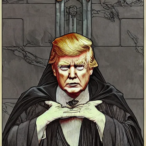 Image similar to a disturbing picture of donald trump as emperor palpatine, intricate, elegant, highly detailed, digital painting, artstation, concept art, matte, sharp focus, illustration, art by rebecca guay and by arthur rackham and by alphonse mucha and by john william waterhouse