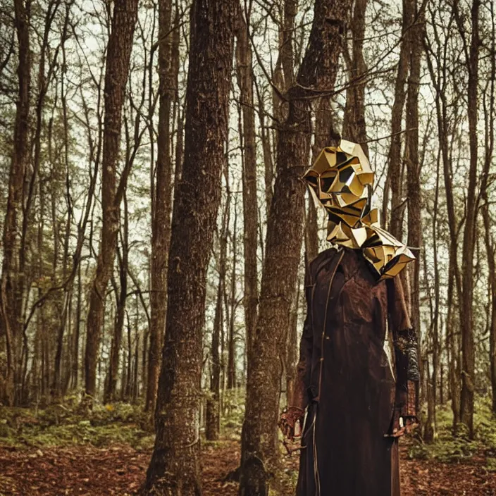 Image similar to a woman with a mask made of scrap metal standing in a forest, golden hour, vogue magazine