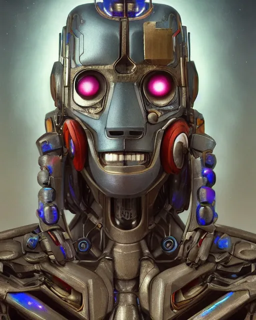 Prompt: portrait of an opal ultron from age of ultron, clockwork steampunk, dieselpunk, head and chest only, by beksinski, 4 k, deviantart, 3 d unreal engine, trending on artstation