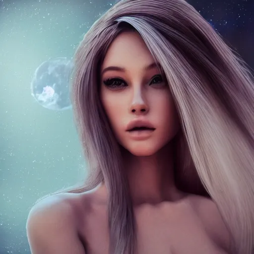 Image similar to a realistic digital art ultra detailed from Ariana grand super model photo taken at night by Waya Steurbaut, full body camera shot, photo realistic, cinematic, nigt, moon ligth
