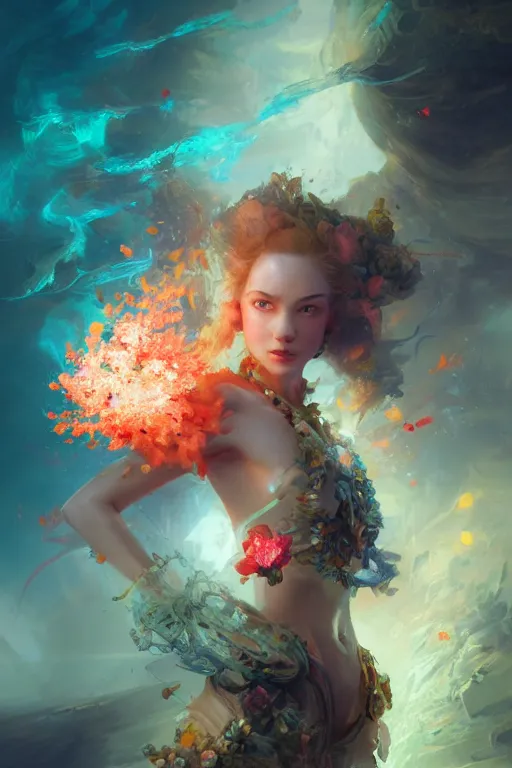Prompt: face closeup of beautiful girl exploding into coral reef and fire, 3 d render, hyper realistic detailed portrait, holding magic flowers, ruan jia, wlop. scifi, fantasy, hyper detailed, octane render, concept art, by peter mohrbacher, by wlop, by ruan jia