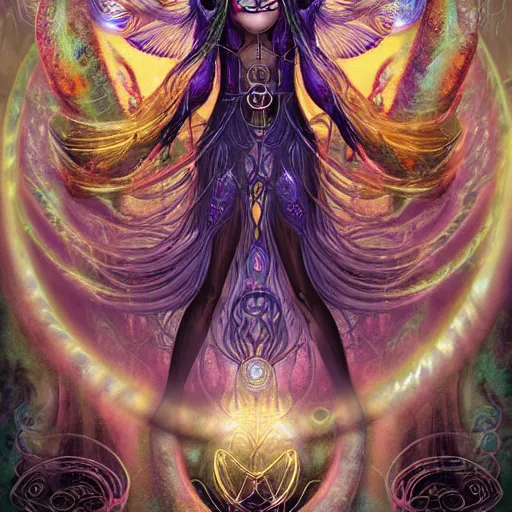 Prompt: dream goddess, exquisite mystical imaginative illustration of divine females, visionary art ancient psychedelic gods from beyond the void, steampunk cyber shaman, poster of transcendent mage, mystic fate, long wavy hair, shimmering illumination, by type - moon, the void, high concept art, james jean, steve ellis, dark fantastic sci fi, highly detailed,