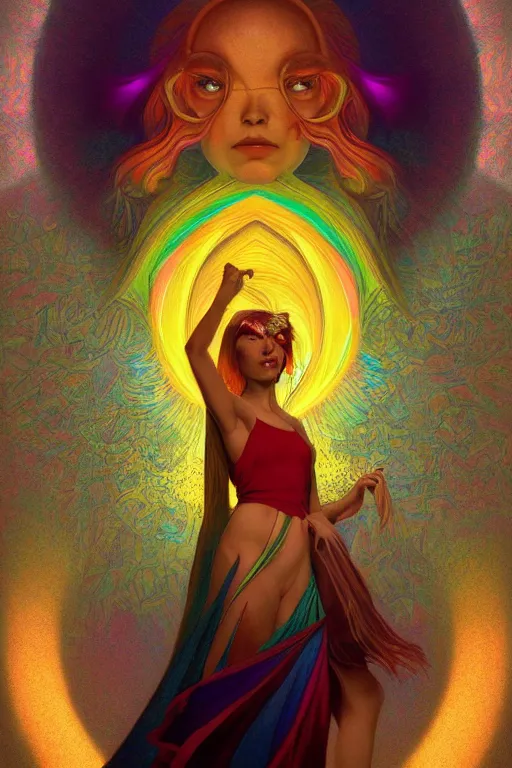 Prompt: portrait of a beautiful sorceress, vivid color, complementary color, golden ratio, detailed, sharp lines, sharp focus, intricate, rainbowshift, by maxfield parrish, by peter mohrbacher, by gustave dore, by artgerm, by alphonse mucha, deviantart, octane render