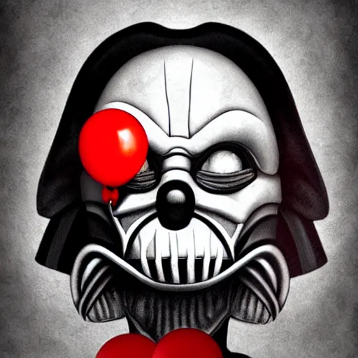 Prompt: surrealism grunge cartoon portrait sketch of darth vader with a wide smile and a red balloon by - michael karcz, loony toons style, clown style, horror theme, detailed, elegant, intricate