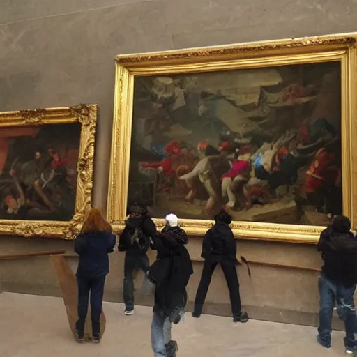 Prompt: rioters destroying art inside the louvre