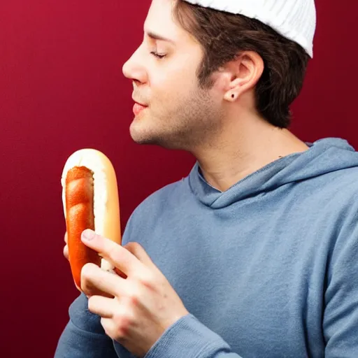 Image similar to man sticking a hot - dog into his ear