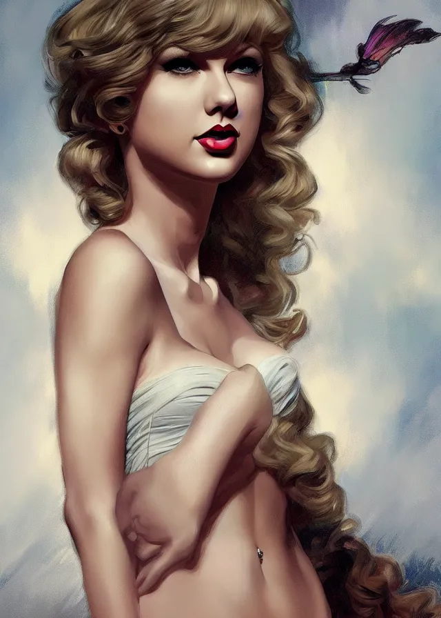 Image similar to ful length centerfold of taylor swift as a young marilyn monroe, elegant, flat lighting, intricate, highly detailed, digital painting, artstation, concept art, smooth, sharp focus, illustration, closeup, misa amane, art by simon bisley and greg rutkowski and alphonse mucha, novel cover